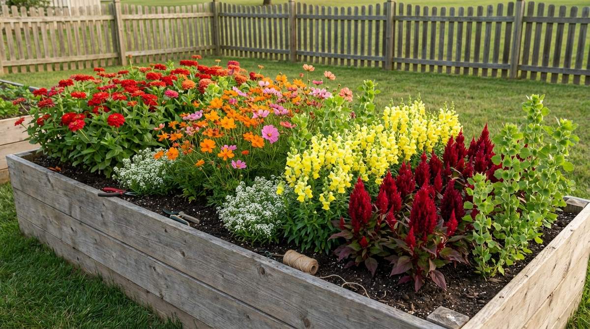 A raised garden bed measuring 3×10 feet dedicated to cut flower production, featuring tight rows of zinnias, cosmos, snapdragons, and celosia planted in single-color blocks for easy bouquet arrangement. Includes filler flowers like baby's breath and greenery such as bells of Ireland, showcasing a utilitarian layout focused on production rather than ornamental display.