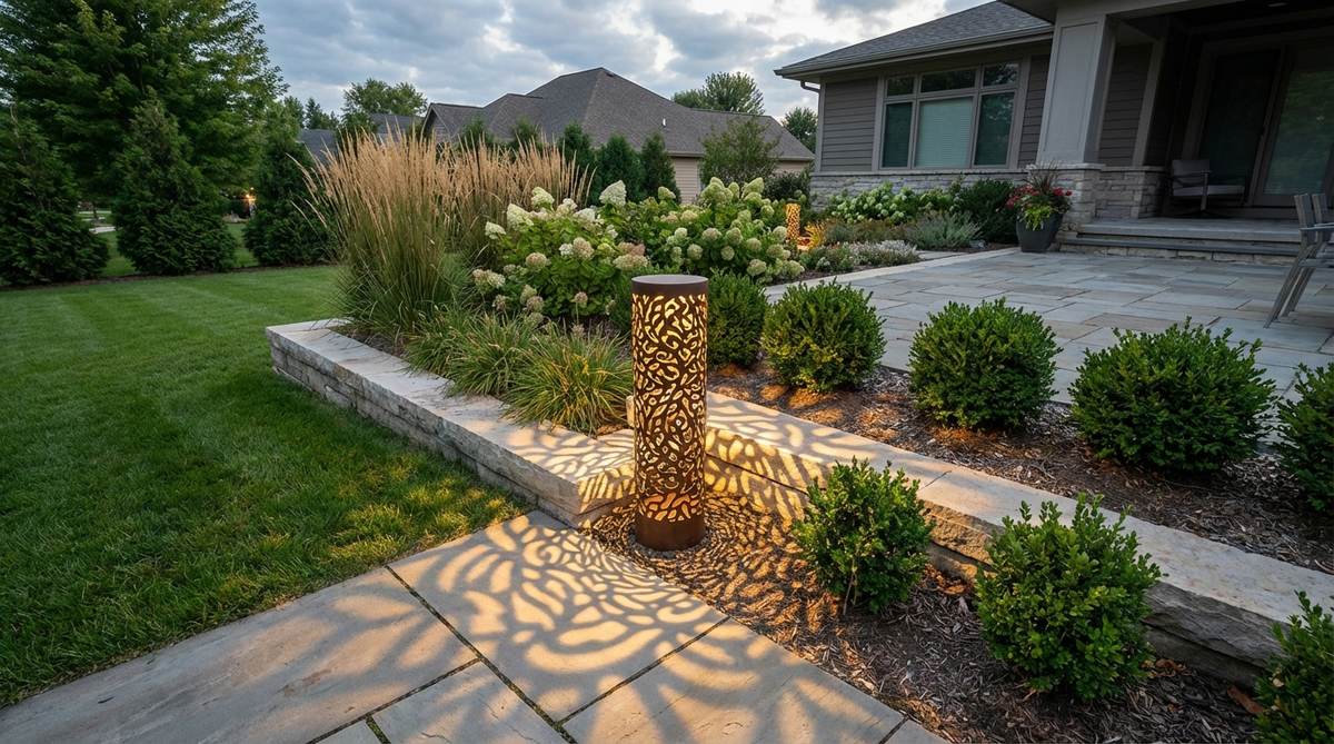 A decorative perforated bollard with custom cutout patterns that project artistic light designs onto adjacent surfaces, merging utility with decoration to enhance architectural character in modern garden lighting setups.