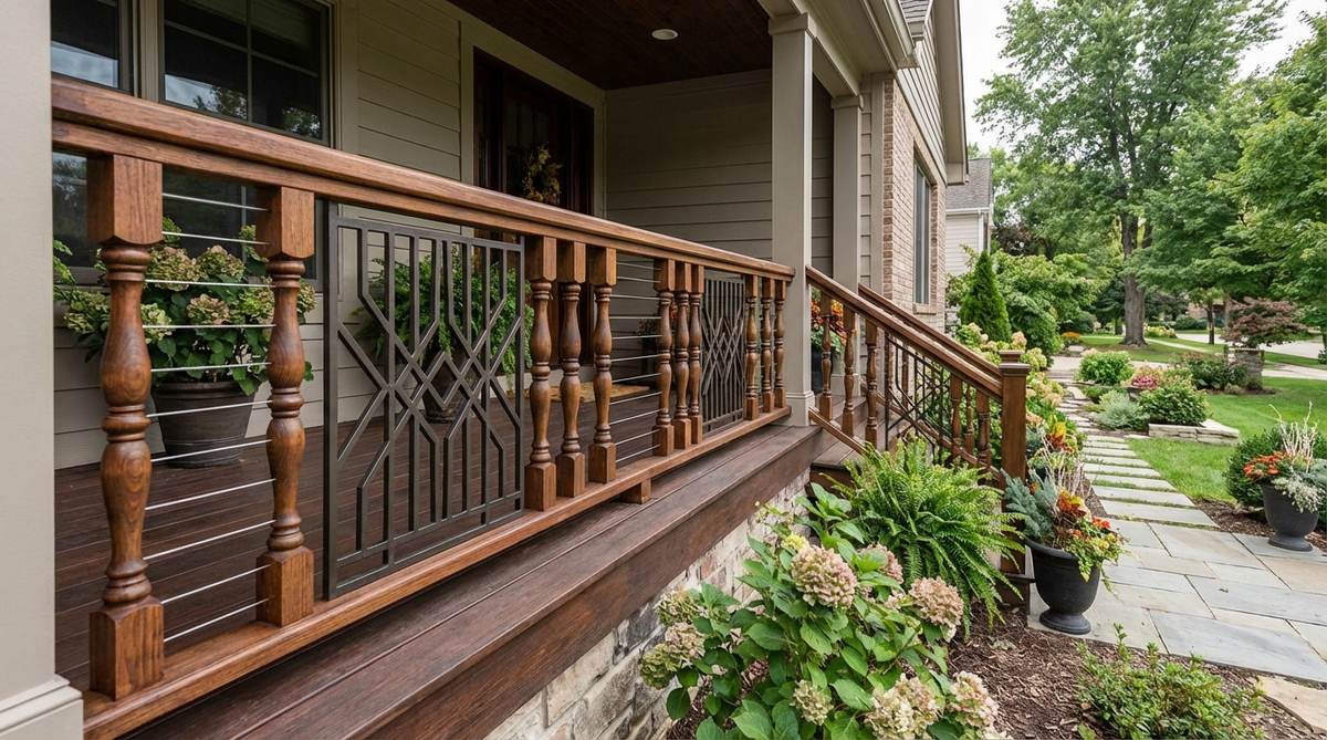 A decorative railing system on a porch, showcasing custom designs with turned balusters, geometric metal patterns, or cable systems that enhance outdoor decor and reference architectural styles.