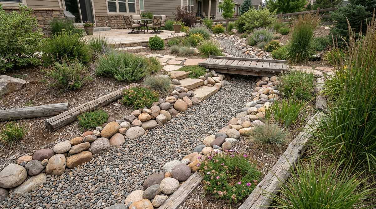 A naturalistic dry creek bed filled with pea gravel manages stormwater runoff while creating visual interest in the landscape. Larger river rocks along the edges contain the gravel and reinforce the creek aesthetic. The design transforms a drainage problem into an attractive landscape feature that functions during storms and looks intentional when dry.
