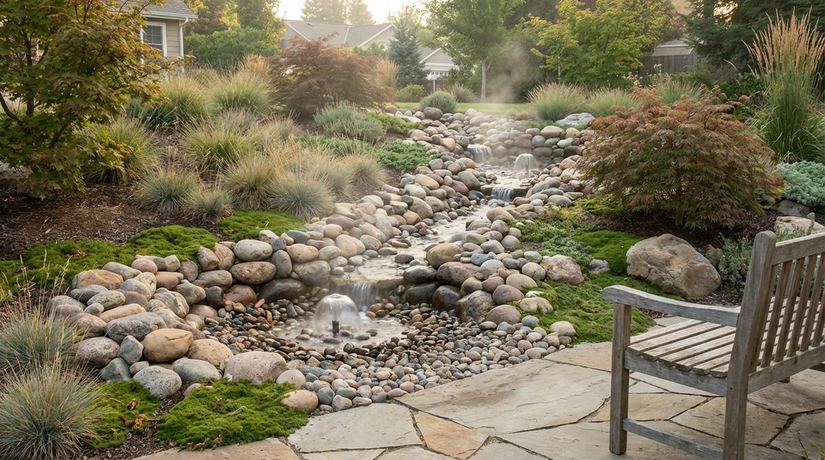 A serene Zen garden water feature showcasing a dry creek bed design with hidden water flow. Water flows beneath decorative stone beds in underground channels, emerging at intentional viewing points to create visual intrigue and continuous soothing sound. The setup includes excavated channels lined with waterproof membrane and topped with large river rock, producing a muffled trickling effect that seems to emanate from the earth, ideal for sloped terrain in garden landscapes.