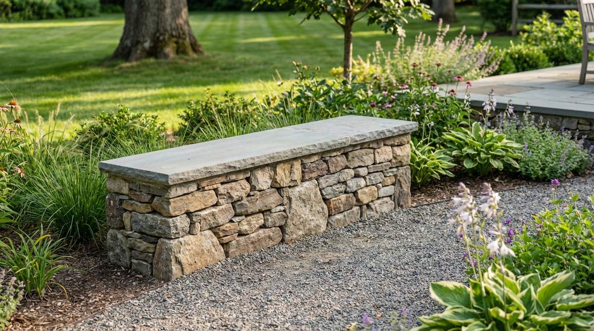 A stone garden bench constructed using traditional dry-stacking techniques, featuring precisely fitted stones without mortar for stability and natural drainage, with a mortared cap stone for comfortable seating.