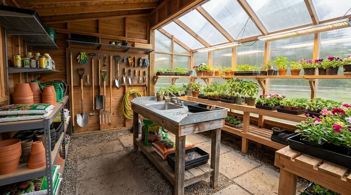 An illustration showing a cozy garden shed interior divided into two zones: one side for tool storage with solid walls, and the other as a greenhouse with plant benches, grow lights, and clear panels for sunlight. A potting bench is positioned between the zones for easy access during gardening tasks.