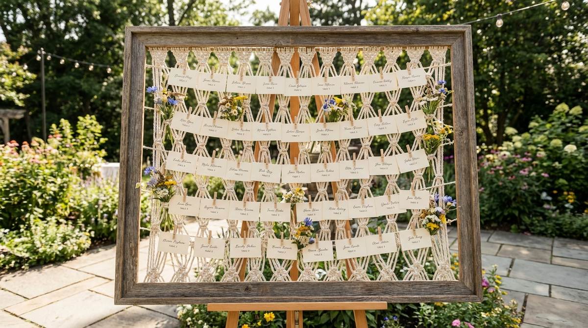 A beautiful boho wedding decoration featuring escort cards displayed on a macrame hanging grid. The large macrame piece is stretched in a frame or mounted on a board, with clothespins attaching the escort cards throughout the openwork. Small wildflower stems are tucked into the macrame around the cards for color accents, creating a vertical display that saves table space while serving as a design feature. This setup prevents the display from feeling purely functional and adds a rustic, artistic touch to the wedding decor.