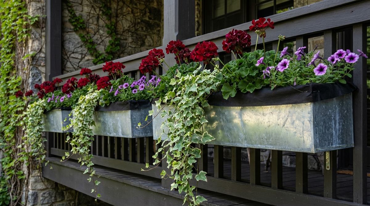 A close-up photo of European zinc window boxes, showing galvanized metal planters with an oxidized finish, filled with vibrant plants. The image highlights the reflective surface that brightens shaded balconies and the use of landscape fabric lining to protect roots from heat.