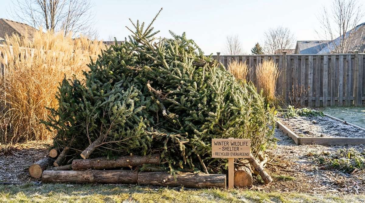 A close-up photo showing a carefully constructed evergreen brush pile made from discarded Christmas trees and evergreen prunings. The pile is approximately 4-5 feet in diameter with larger branches forming a stable base, positioned in a sunny area to provide winter windbreak and shelter for songbirds. The image illustrates practical recycling of seasonal materials for outdoor winter decor and wildlife support.
