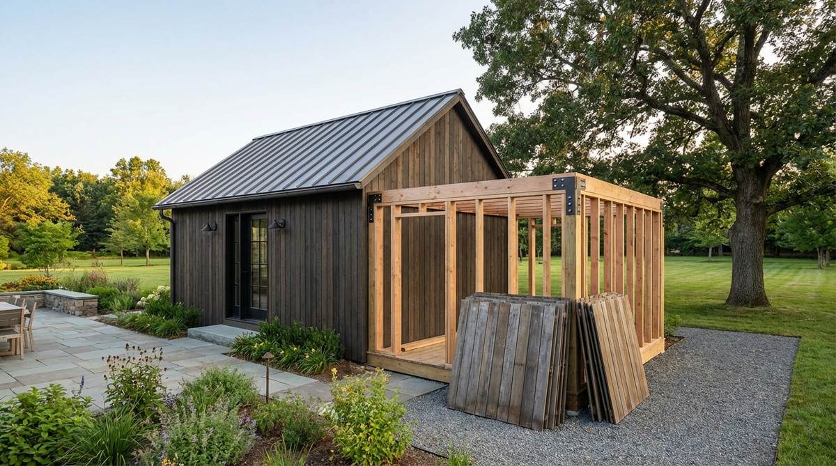 A modern garden shed with an expandable wing addition system showing structural provisions for future module attachment. The image illustrates how additional bays can connect seamlessly to expand square footage without demolition or major reconstruction, with compatible siding and roofing materials maintaining visual continuity between phases.
