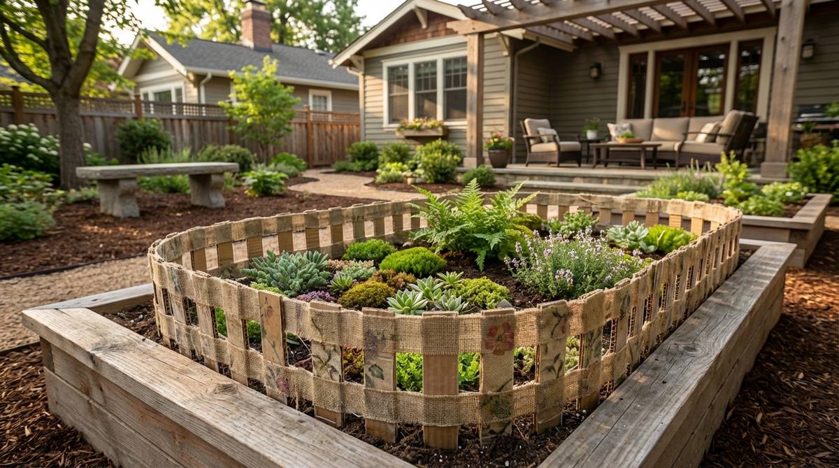 A lightweight temporary mini garden fence made from corrugated cardboard strips wrapped in fabric or decorative paper, suitable for terrariums with rustic or cottage themes. The fence sections are sealed with clear acrylic spray for moisture resistance and can be easily curved or replaced seasonally.