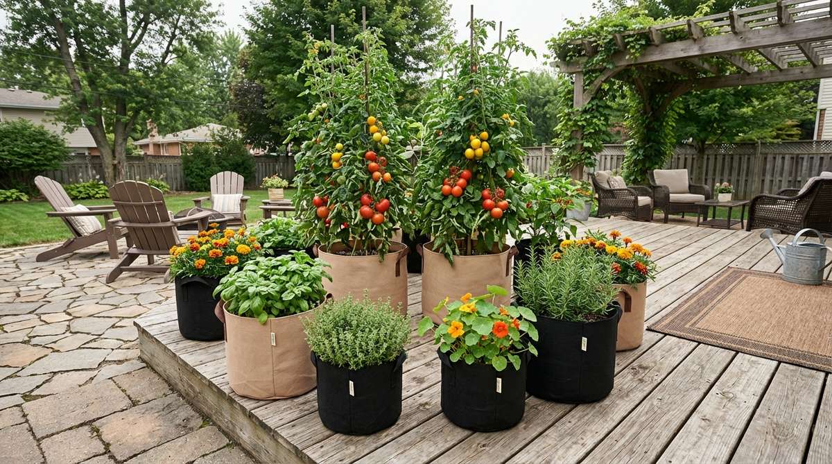 A compact arrangement of 6-10 fabric grow bags in sizes from 5 to 20 gallons, grouped in a triangular or circular cluster on a paved area or deck. The setup maximizes growing space with tall plants like tomatoes in the center and shorter herbs and flowers around, showcasing superior aeration and drainage for healthy root development.