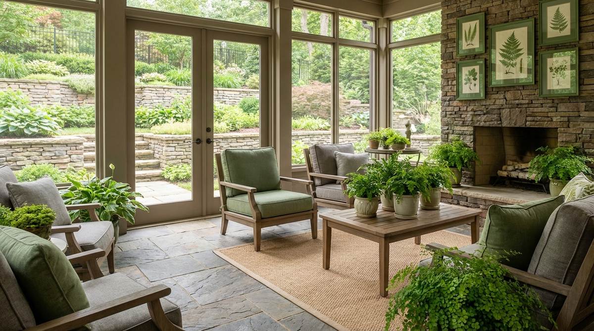 An image showcasing the earthy tones decor palette of fern green, stone gray, and warm beige, evoking a forest floor indoors. Features plants, artwork, and upholstery in fern green, stone gray surfaces, and beige area rugs, creating a balanced cool-warm aesthetic ideal for sunrooms and living spaces.