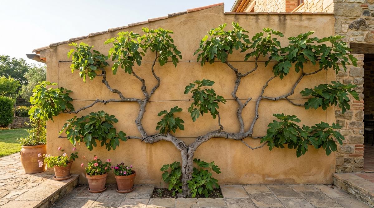 A trained fig tree growing flat against a sunny Mediterranean-style wall using the espalier technique, with branches secured to horizontal wires to conserve space and improve fruit production.