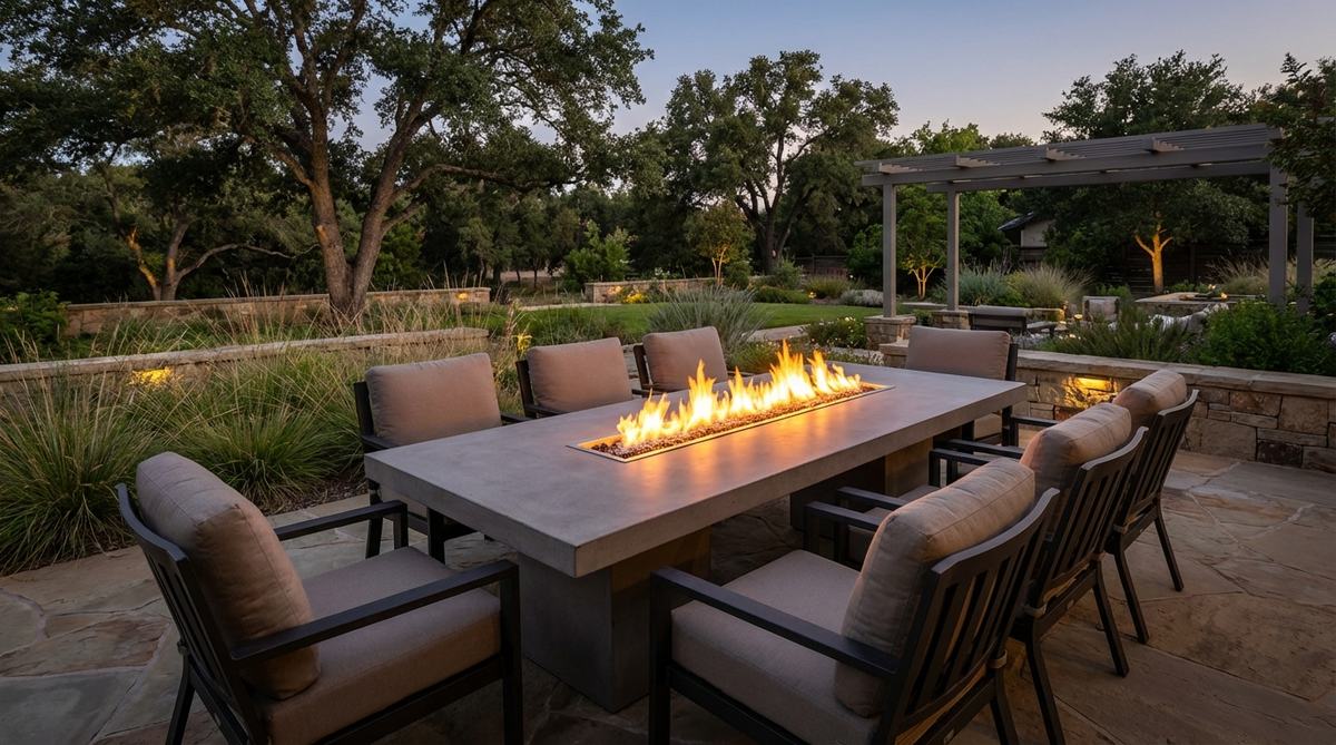 A contemporary garden table and chairs featuring a fire pit dining table with a linear gas flame, designed for evening alfresco dining. The setup includes cushioned chairs in fire-resistant fabrics, creating a warm and dramatic outdoor destination that extends the dining season.
