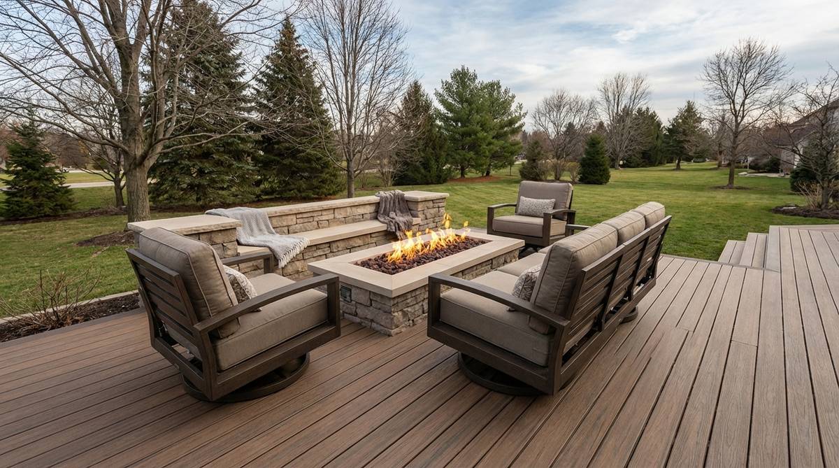A professionally installed fire pit or fire table on an outdoor deck, surrounded by seating at safe distances. The fire feature extends the deck's usability into cooler months, creating a natural gathering focal point with fireproof decking materials and concealed gas lines for a clean aesthetic.