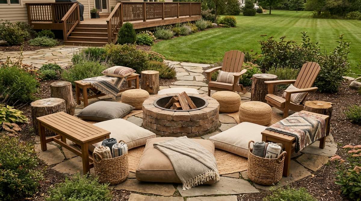 A circular boho-style fire pit gathering zone featuring weatherproof floor cushions, poufs, low benches, Adirondack chairs, and wooden stumps layered with outdoor blankets and pillows. Storage baskets nearby hold extra textiles, creating a magnetic communal space that extends the outdoor season.