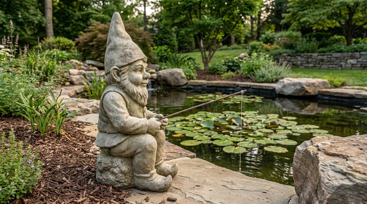 A stone garden statue of a gnome holding a fishing rod, designed for placement near ponds or water features. This playful yet contemplative statue features an active pose that suggests patient waiting, adding a lighthearted touch to formal garden designs without compromising quality. Ideal for extending the rod over water or planting beds to enhance garden aesthetics.