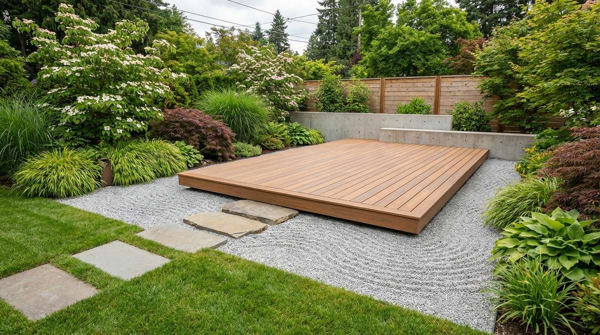 An elevated composite deck appears to hover above raked gravel in a modern Japanese garden, supported by concealed piers to create the illusion of floating over a symbolic ocean. The deck is built 8-12 inches above gravel level with flush transitions at access points, preventing weed growth while emphasizing the floating effect.