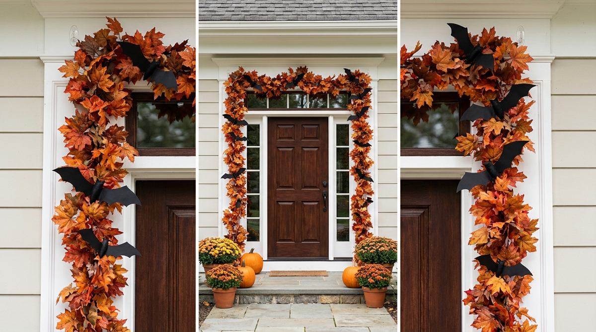 A Halloween outdoor decor image showing a mixed garland of faux maple leaves and flying bats framing a front door. The garland combines autumn and Halloween elements with bats clipped on top of leaf garlands, creating a layered effect with motion and color that draws attention to the entryway. The setup uses removable outdoor-rated hooks for easy installation and seasonal reuse.