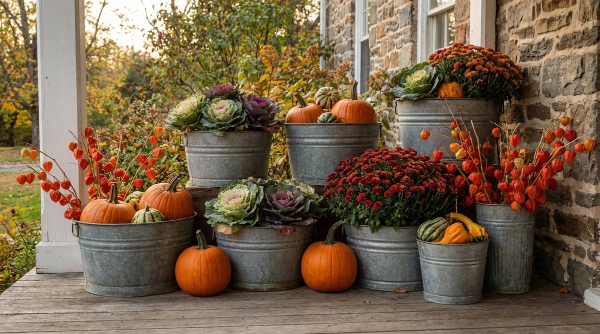 A rustic fall outdoor decor arrangement featuring galvanized buckets in various sizes clustered together on a porch or patio. The buckets are filled with autumn elements including pumpkins, ornamental cabbages, and Chinese lantern plants, creating a dynamic display with varied heights and warm autumn tones.