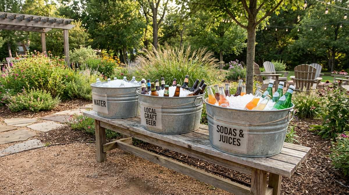 Large galvanized tubs filled with ice and beverages serve as rustic self-serve stations in an outdoor party setting. Elevated on sturdy benches to accommodate elderly guests, these coolers are strategically placed throughout the garden with waterproof labels for easy beverage identification.