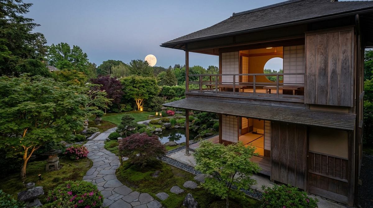 A traditional Japanese garden tea house featuring a second-story moon-viewing platform (tsukimidai) with open railings, designed for elevated contemplation of evening gardens and celestial observations. The structure shows minimal furniture with low benches positioned to frame specific garden views, demonstrating how seasonal plantings coordinate with full moon cycles for enhanced displays.