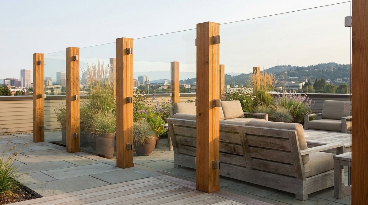 A modern garden fence featuring frameless tempered glass panels securely clamped between substantial wood posts. This contemporary design maintains unobstructed views while providing wind protection, ideal for rooftop or hillside gardens. The low-iron glass minimizes green tint for maximum transparency, preventing visual confinement in compact spaces. The warm wood posts contrast beautifully with the sleek glass, creating an elegant boundary that blends functionality with aesthetic appeal in outdoor settings.