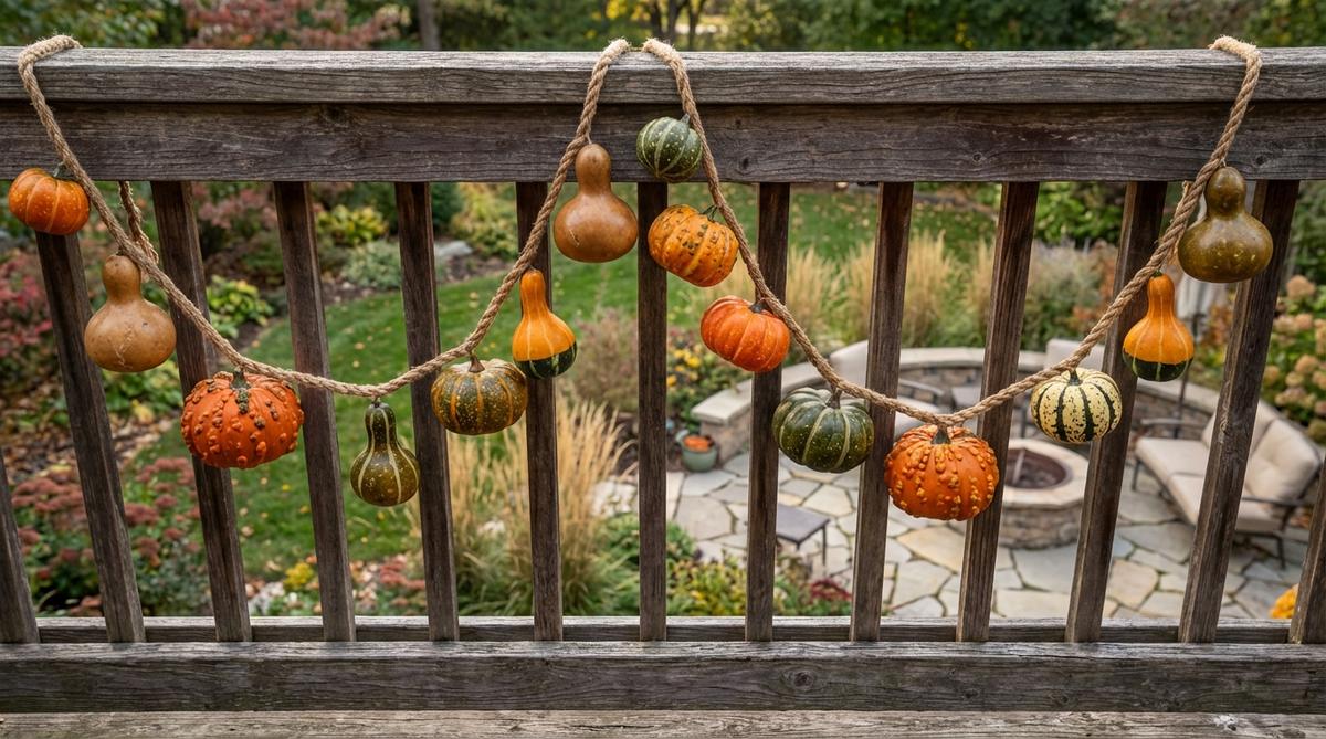A decorative gourd garland swag draped across a balcony railing, featuring artificial or lightweight real gourds like bottle gourds, warty pumpkins, and decorative squash strung on thick rope. The arrangement shows organic irregularity with gourds spaced 8-10 inches apart to create natural draping curves, perfect for Halloween and harvest season decor.