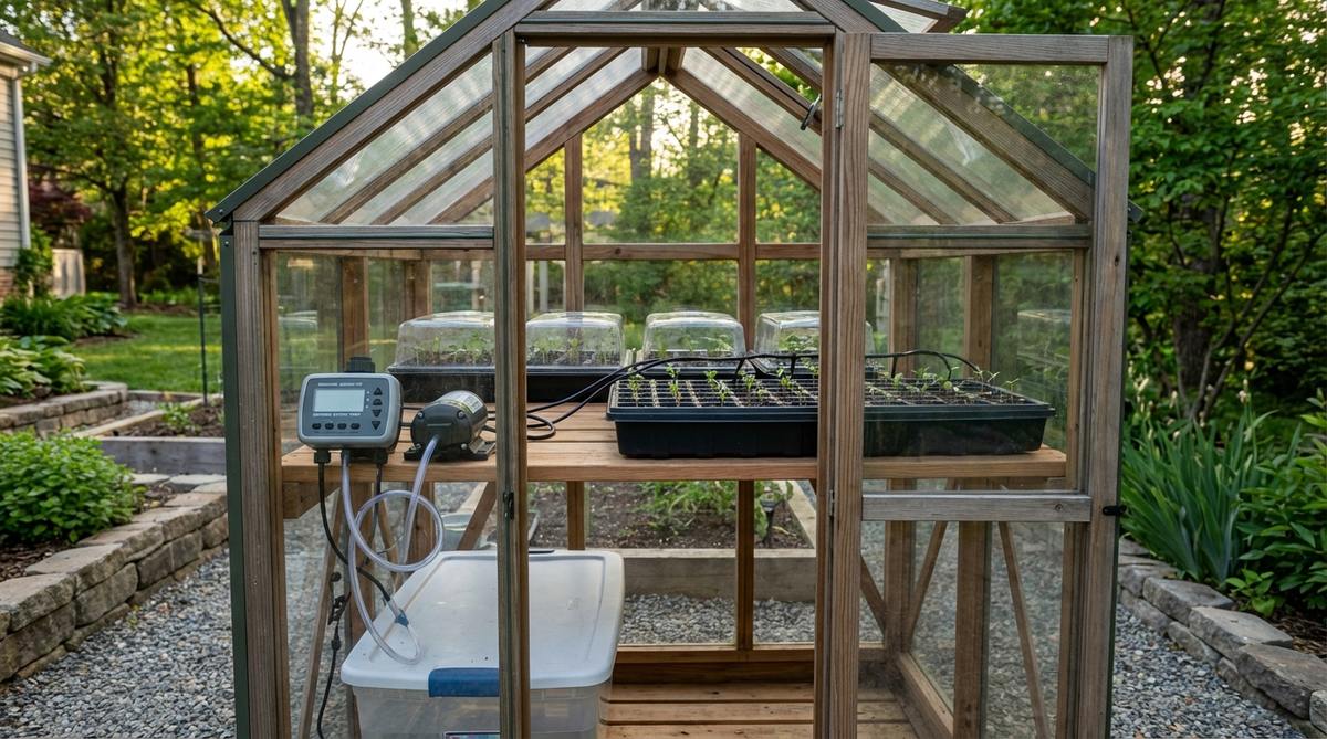A mini garden greenhouse setup featuring the Growers Edition Kit with integrated drip irrigation system. Shows programmable timer, battery-powered pump drawing from reservoir, and multiple seed trays with up to 120 cells receiving precise automated watering for consistent seedling growth.