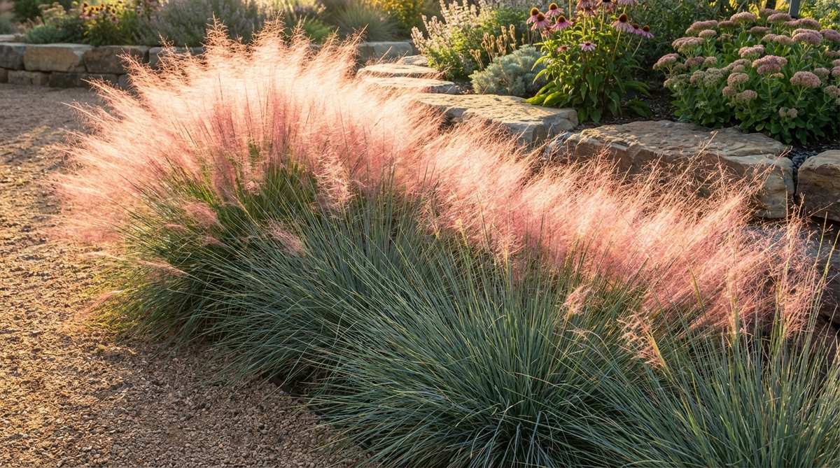 A close-up photo of Muhlenbergia capillaris, or Gulf Muhly Grass, showcasing its airy pink plumes floating above fine-textured foliage in a gravel garden bed. The image captures the magical glow of the grass when backlit by morning or evening sun, highlighting its cloud-like effect and seasonal display. Native to southeastern US coastal areas, this drought-tolerant grass thrives in heat and humidity, making it an ideal accent or mass planting for gravel gardens.