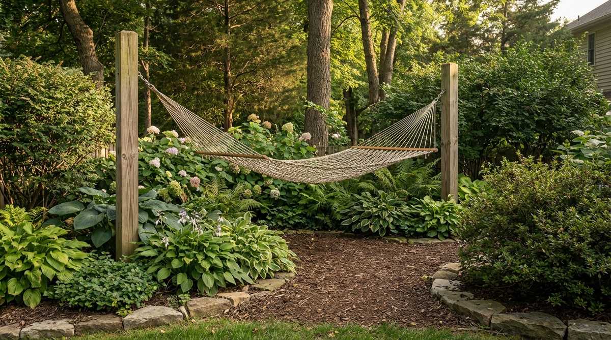 A hammock suspended between two posts in a small garden, with plants growing beneath to maximize ground space, creating a private and relaxing nook.