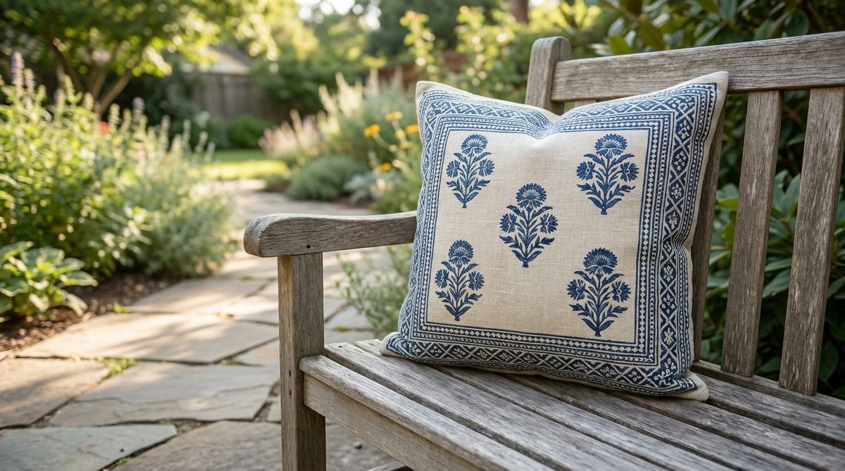 A boho decor pillow featuring traditional hand block printing with floral patterns in indigo or terracotta colors, showcasing organic variations and authentic craftsmanship on cotton or linen outdoor fabric.
