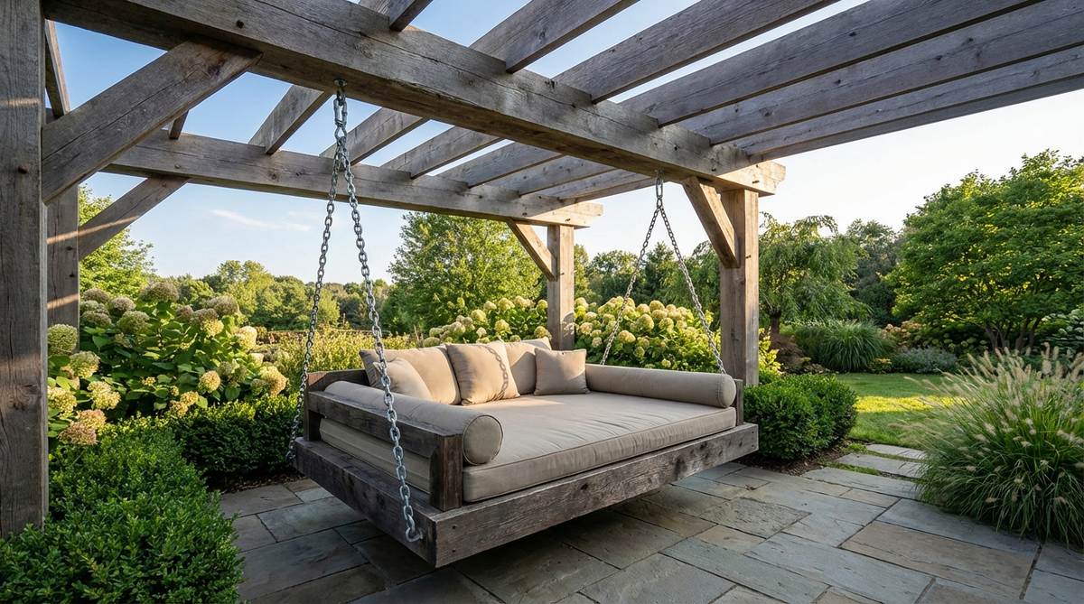 A suspended daybed platform with marine-grade cushions, hanging from heavy-duty chains attached to a reinforced pergola beam, creating a floating relaxation experience for two people in a garden environment.