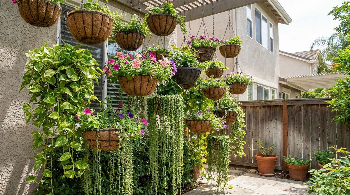 A cascading arrangement of hanging plant baskets suspended at staggered heights, creating a vertical green curtain with trailing plants like pothos, petunias, and string of pearls spilling downward to form a living wall without using floor space.
