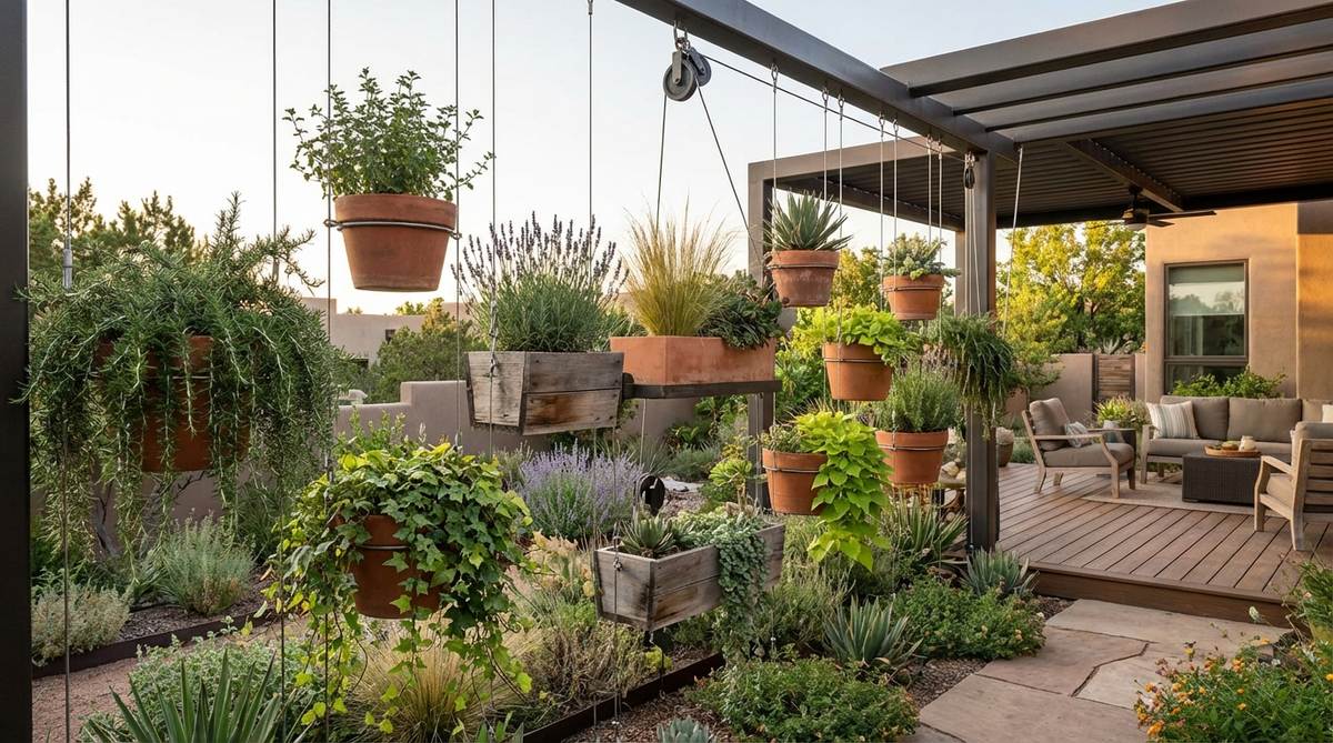 Suspended planters on steel cables create floating gardens at multiple heights, with adjustable system for precise positioning to meet sunlight requirements. Features trailing varieties cascading downward and upright forms for eye-level interest, with staggered heights creating three-dimensional planting layers.