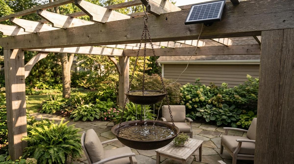 A compact hanging fountain bowl or cascading water feature suspended from a pergola beam, creating a tranquil outdoor space with trickling water sounds. The installation includes structural support for water weight and solar-powered pump components.