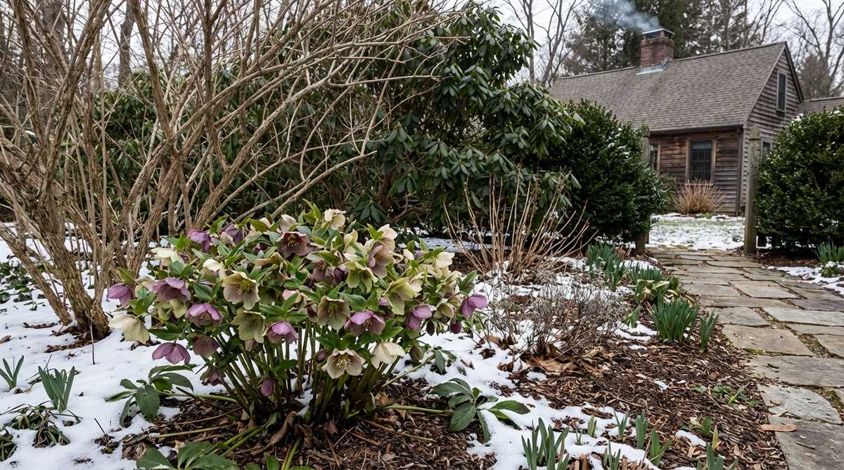 A cluster of hellebore flowers blooming in winter under deciduous shrubs in a small garden cottage setting, with evergreen foliage providing structure and early-season interest from January through April.