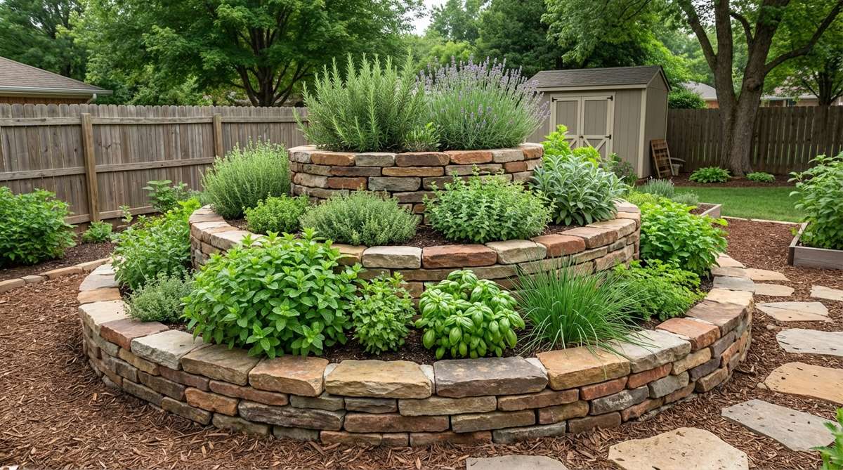 A beautiful spiraling raised bed garden planted with culinary and medicinal herbs, built with natural stone or brick in a boho garden style. The vertical design creates microclimates for different herbs, with water-loving varieties at the bottom and drought-tolerant herbs like rosemary at the sunny top. This practical and visually interesting herb spiral brings fresh herbs within easy reach for harvesting.