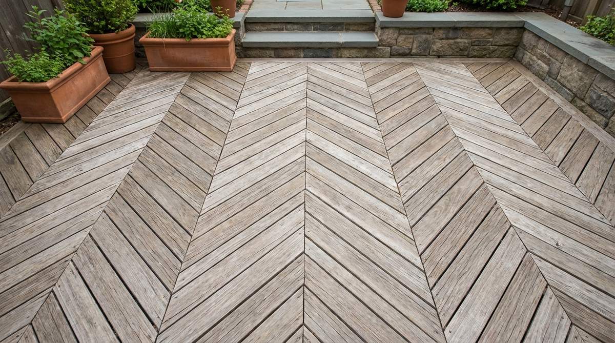 Close-up photo showing deck boards arranged in a herringbone pattern, creating an elegant geometric design suitable for small garden patio surfaces. The angled wood planks demonstrate how this premium pattern adds visual interest to limited outdoor spaces.