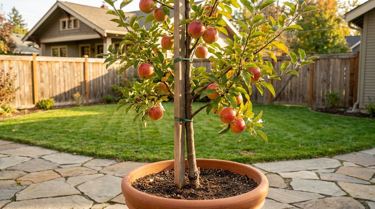 A compact Honeycrisp dwarf apple tree, grafted onto dwarfing rootstock, growing in a container with a stake for support. The tree, reaching 6-8 feet tall, features green leaves and crisp, sweet apples ready for harvest in fall, ideal for small gardens with full sun and consistent watering.