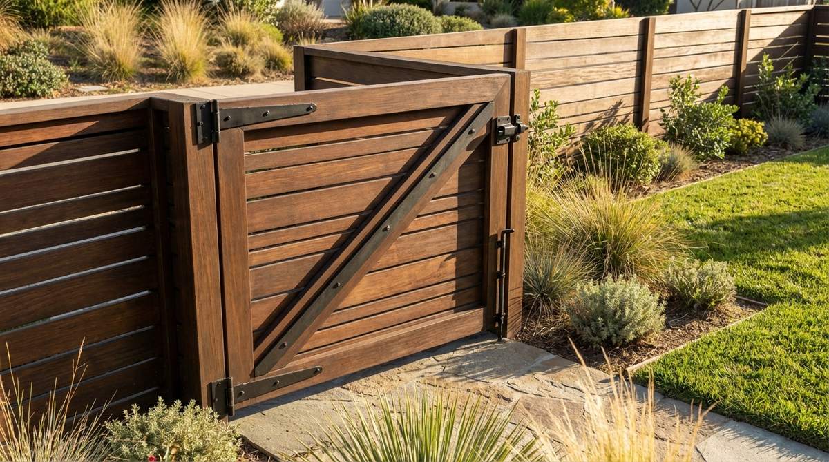 A modern garden gate with horizontal slats that perfectly match the fence design, featuring reinforced diagonal bracing, heavy-duty hinges, and self-closing hardware for security and durability.