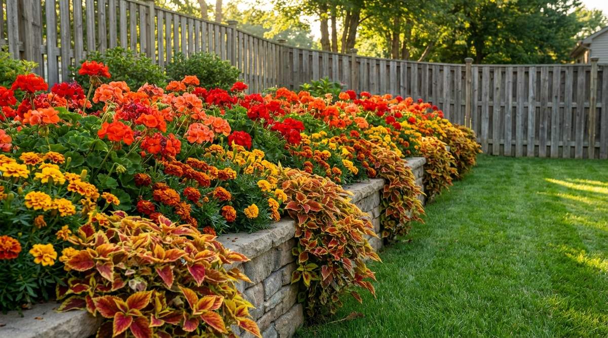 A vibrant summer garden wall featuring fiery reds, oranges, and yellows with zonal geraniums, marigolds, and coleus in sunset hues. This warm color palette creates a bold focal point that visually advances the wall in the landscape, perfect for garden decor during sunny months.