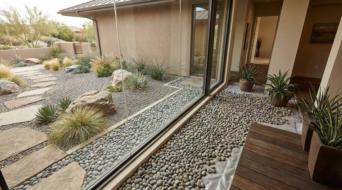 A seamless flow of gravel beds from an exterior Japanese rock garden through a glass wall into an interior atrium or entry hall, illustrating material continuity that erases psychological boundaries between inside and outside spaces, with proper moisture barriers and drainage systems installed beneath the indoor sections, featuring unraked interior gravel for texture and low maintenance.