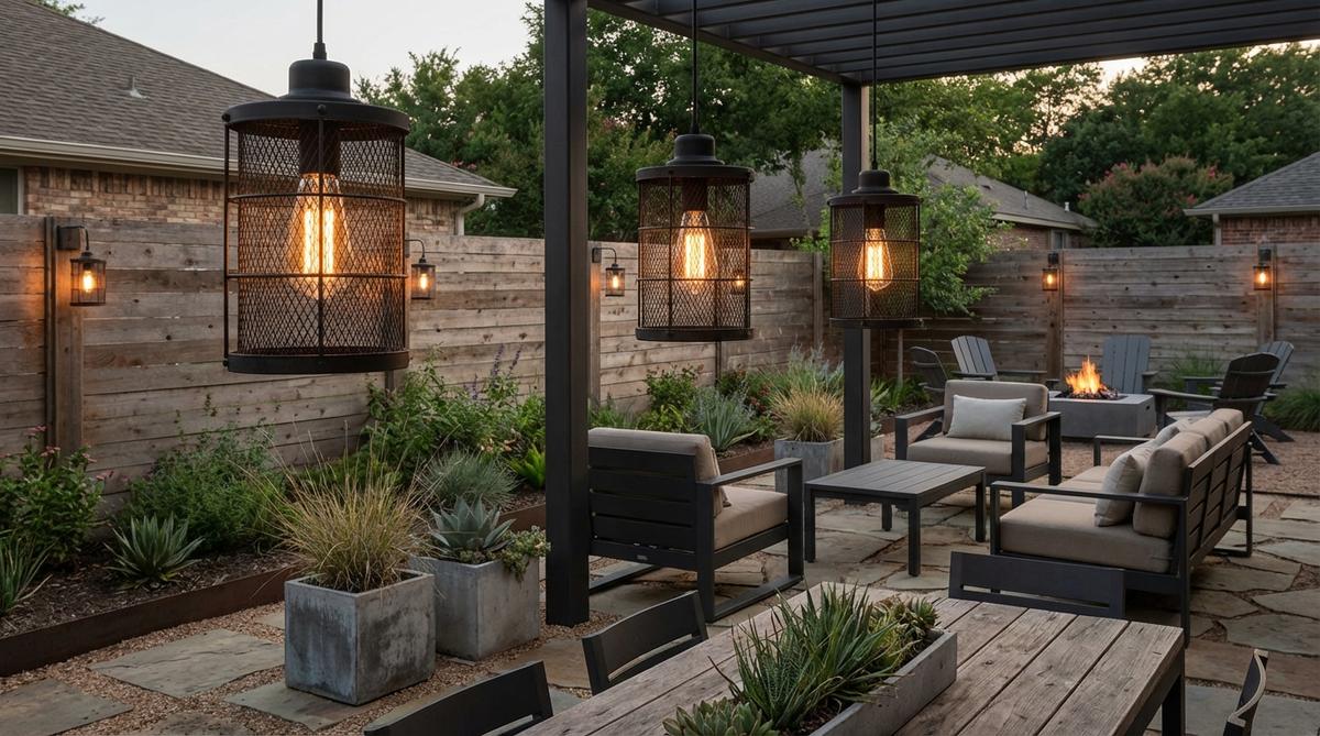 Industrial Edison cage lanterns feature wire mesh guards surrounding vintage-style bulbs, evoking factory and warehouse aesthetics popular in urban garden design. The open framework maximizes light transmission while protecting bulbs, with matte black and oil-rubbed bronze finishes that integrate with contemporary metal furnishings. This mechanical aesthetic complements concrete, steel, and reclaimed wood materials.