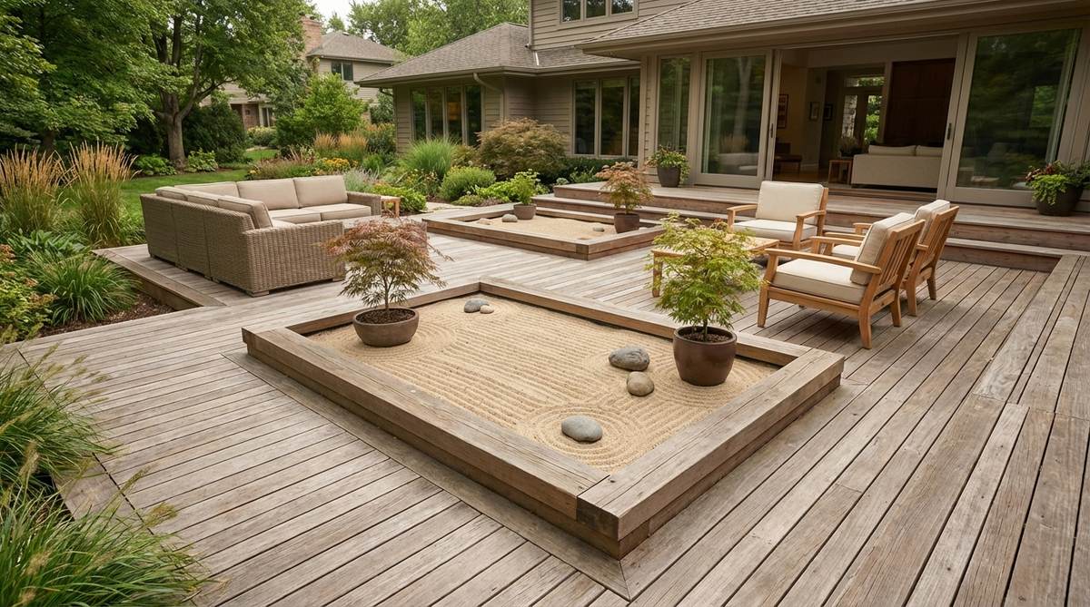 A wooden deck with recessed sections containing raked sand areas, blending indoor-outdoor living in a zen garden design. The sand panels create meditative focal points within the hardscape surface, framed by doubled joists to support contained gravel beds while maintaining functional deck space.