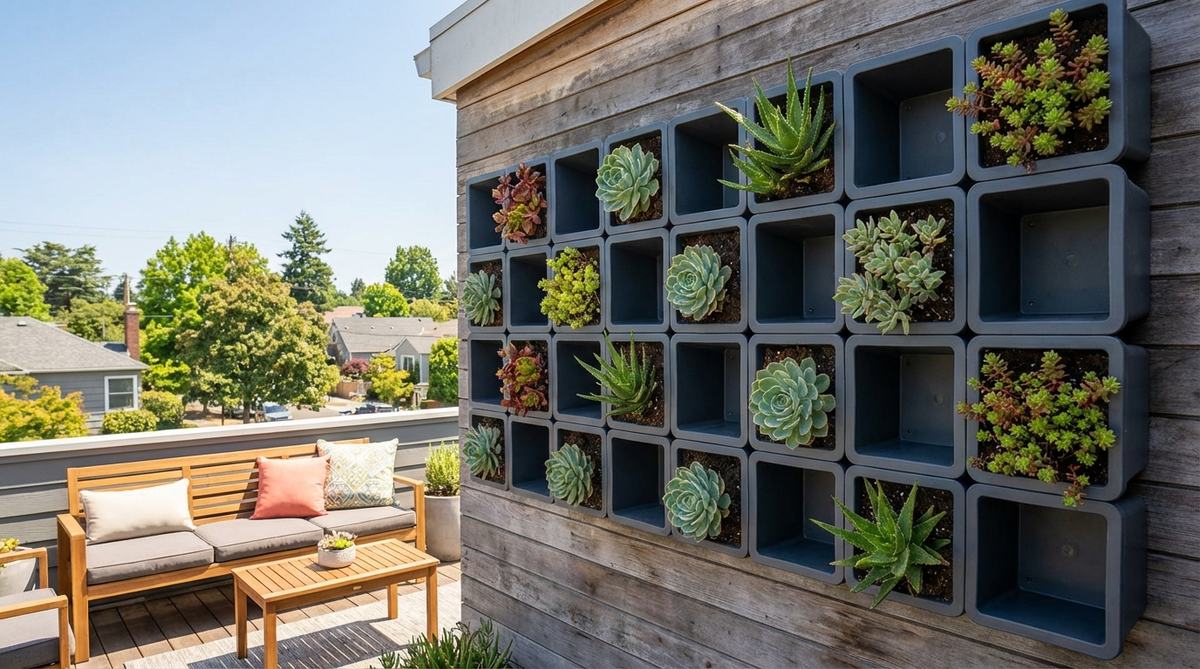 Stackable modular cube planters arranged in geometric patterns on a balcony wall, featuring succulents planted in alternating cubes to create contemporary negative space designs with UV-resistant polypropylene construction.