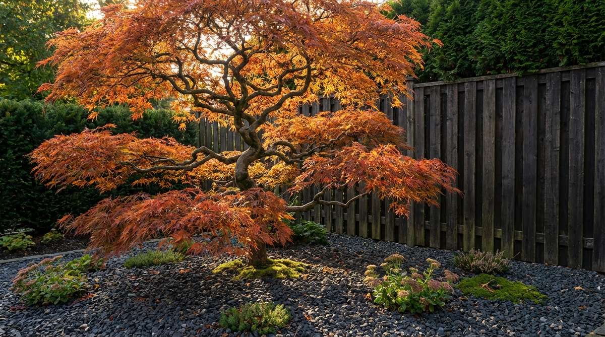 A serene garden corner featuring a Japanese maple tree with layered branching and delicate leaves, creating a contemplative and sculptural presence. The scene includes seasonal color shifts, morning sun and afternoon shade, backed by a dark fence or evergreen hedge, with low groundcovers or gravel underplanting to keep the trunk visually clear, ideal for small lots or container-grown varieties.