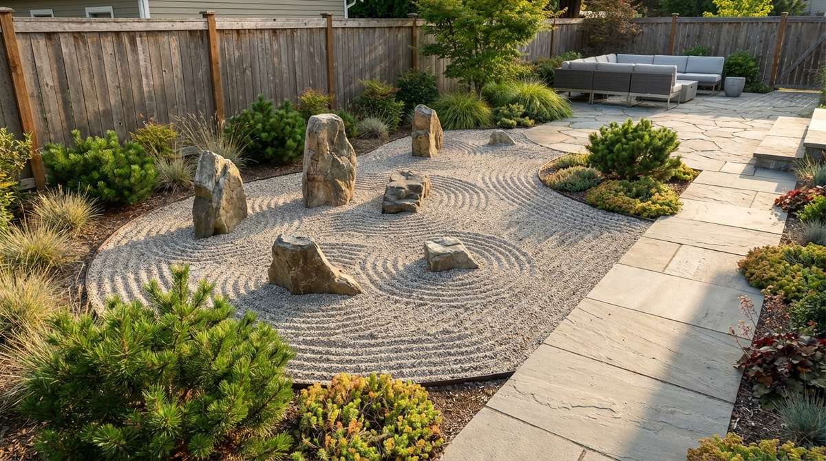 A minimalist Japanese rock garden featuring raked gravel symbolizing water flow around strategically placed stones, embodying principles of balance and asymmetry for meditation and low maintenance.