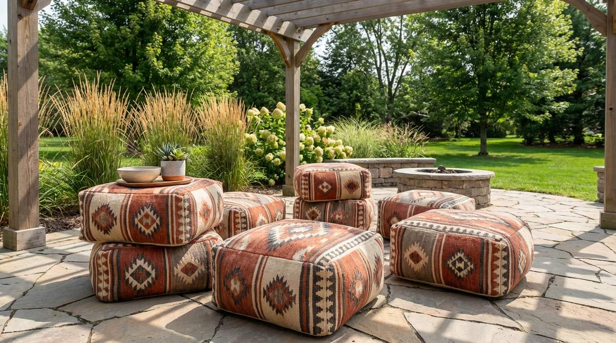 Weather-treated kilim poufs in rust and cream geometric patterns for flexible outdoor seating. Low-profile design perfect for casual gatherings, with waterproof inner liners to protect filling. Can be stacked to create improvised side tables.