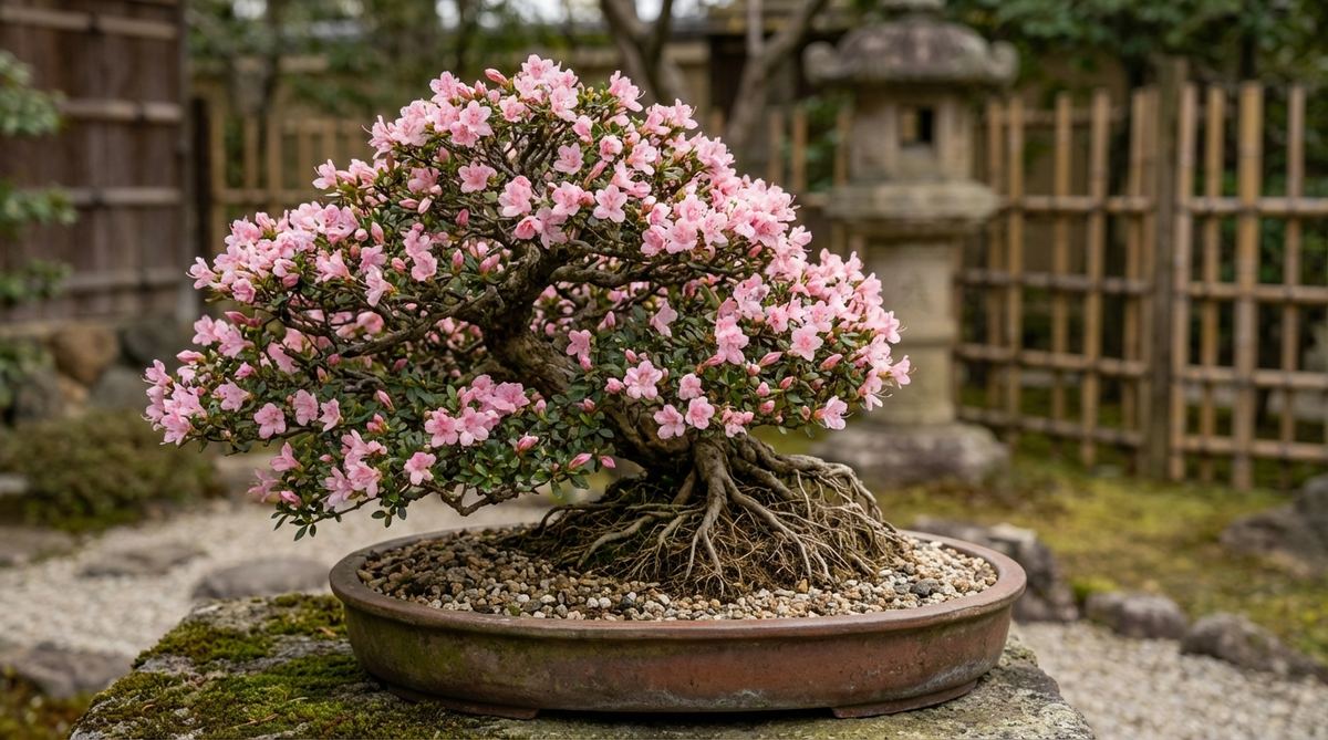 A close-up of a Kurume Azalea bonsai (Rhododendron obtusum) in a Japanese garden setting, showcasing its dense branching structure and profusion of small pink flowers that bloom early in spring. The image highlights the natural bonsai proportions of this variety, with careful attention to the delicate root system that requires gentle handling during repotting.