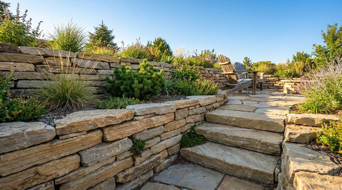 A detailed view of a stone garden featuring carefully stacked flat sedimentary rocks that emphasize natural stratification patterns. The horizontal banding creates geological authenticity, with limestone or sandstone showing consistent bedding planes oriented in the same direction for visual coherence.