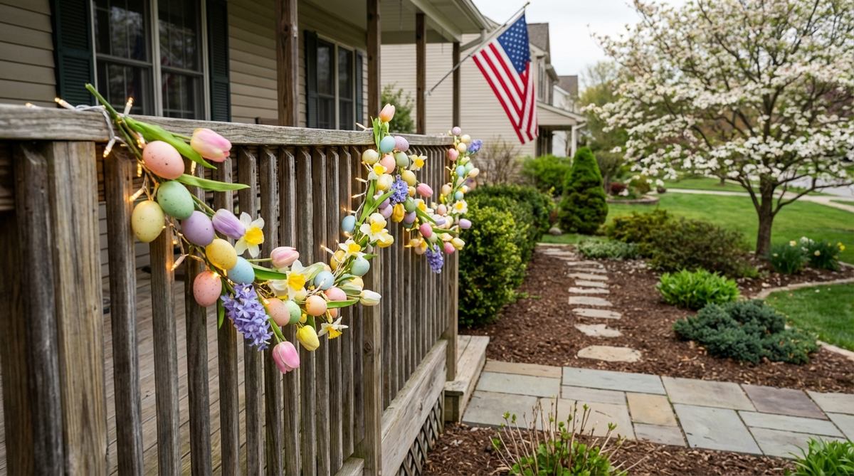 A 6-foot LED-lit Easter egg garland with spring flowers, perfect for hanging along porch railings or fence tops to create festive outdoor Easter decorations with integrated lighting and battery-powered flexibility.